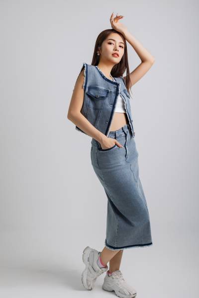 Denim Vest & Sculpted A-Line Maxi Skirt