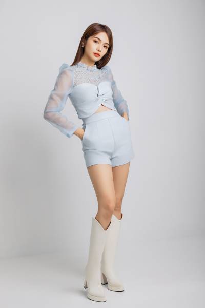 Twisted Lace Puff Sleeve Top & Darted Shorts