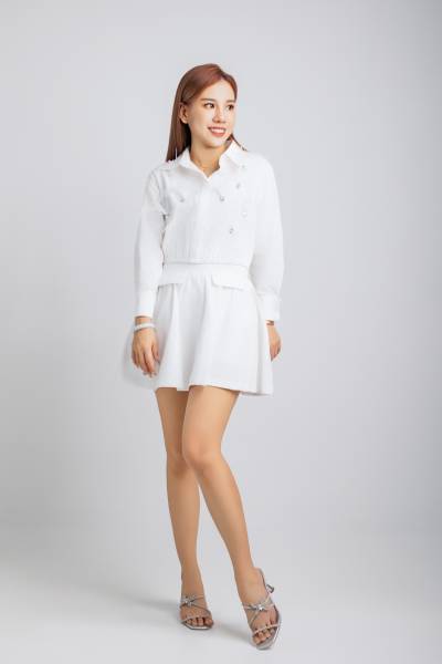 Feather-Detail Blouse & Flared High-Waist Skirt