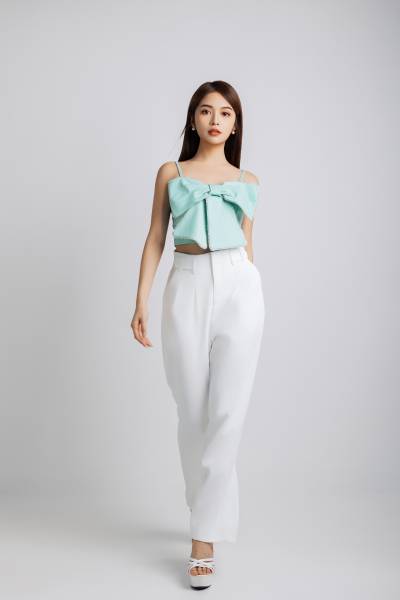 Statement Mint Bow Top & Wide-leg White Trousers