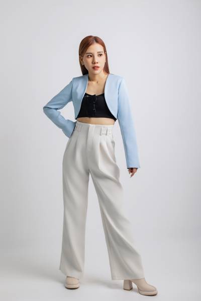Chic Cropped Bolero Jacket & Wide-leg Khakis Trousers (Blue)