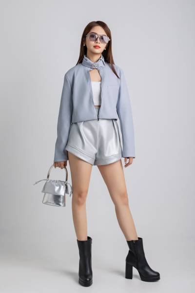 Zipped Edge Leather Jacket & Shorts (Purple)