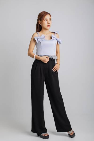 Ribbon-Tied Crop Top  & Wide-Leg Black Trousers (Blue)