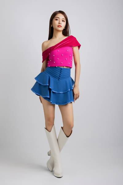 Pearl-Embellished Off-Shoulder Blouse & Tiered Ruffle Skirt (Magenta)
