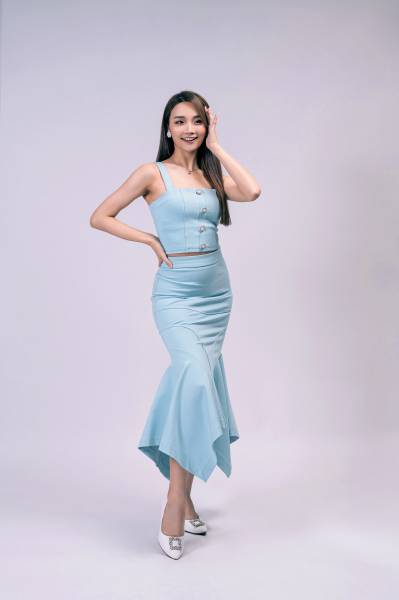 Button Motifs Top With Fishtail long skirt