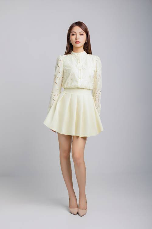 Embroidered Eyelet Blouse & Pleated Skirt