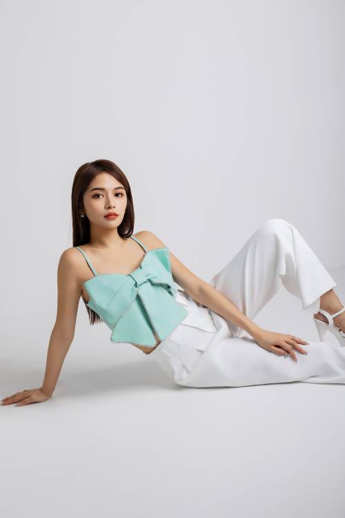 Statement Mint Bow Top & Wide-leg White Trousers