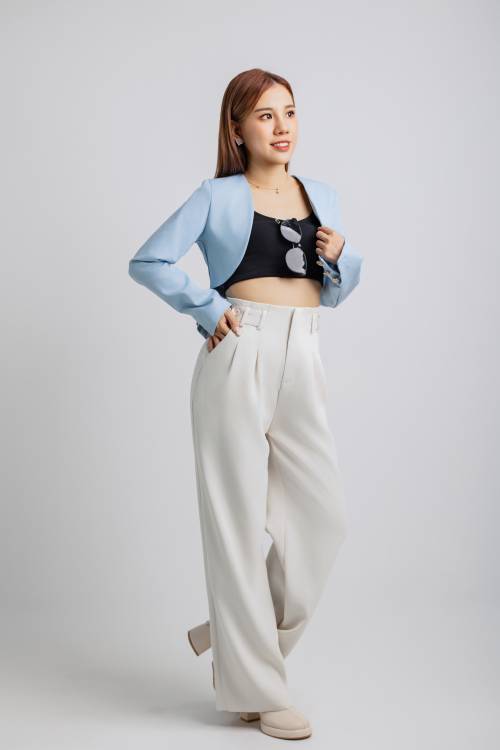 Chic Cropped Bolero Jacket & Wide-leg Khakis Trousers (Blue)