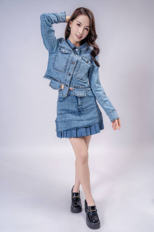 Studded Pocket Denim Shirt With Contrast Trim Denim Skirt
