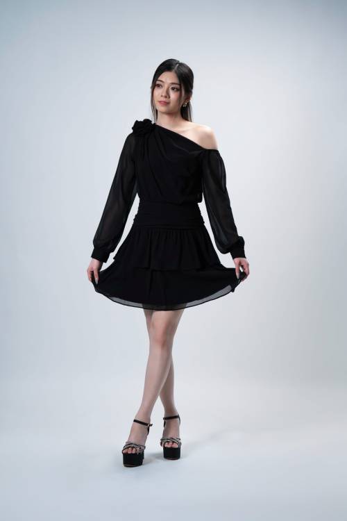 Rose Accent Chiffon Midi Dress